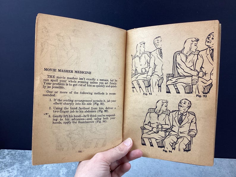 May include: Open book with text "MOVIE MASHER MEDICINE" and illustrations of couples. The text describes methods to deal with a movie theater nuisance. The illustrations are black and white line drawings.
