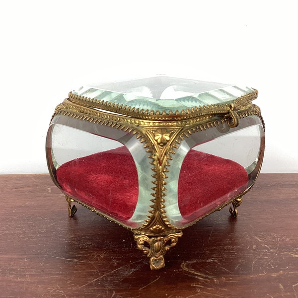 Antique Ormolu Jewelry Box, Brass & Beveled Glass Casket French Jewelry Box
