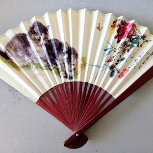 Vintage Chinese Accordion Fan,  Cat / Kitten Pleated Paper & Wood Folding Hand Held Fan