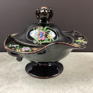 Plato de pedestal Moriage de cerámica roja de la década de 1940 con tapa, cerámica japonesa vintage.