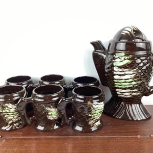 Vintage Cermaic Fish Themed Tea Set, 6 Mugs - Damage Present