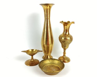 Collection of Vintage Brass Decor, Ribbed Vase, Etched Brass