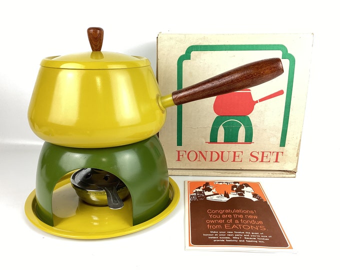 1970's Fondue Pot with Original Box, Green and Yellow Fondue Set