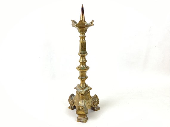 Antique Brass Pricket Candle Holder, Renaissance Revival