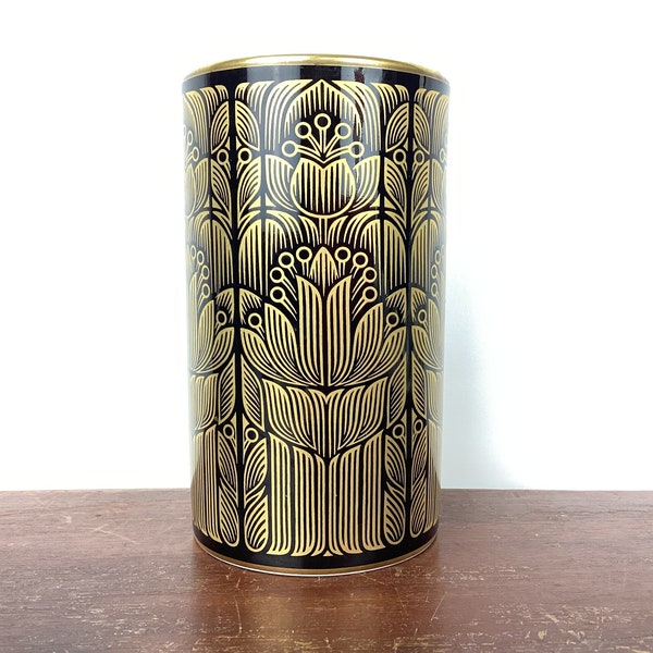 Vintage Hutschenreuther Black and Gold Vessel, Cylindrical Short Vase, Hutschenreuther Germany Ceramics, Gold Floral Design