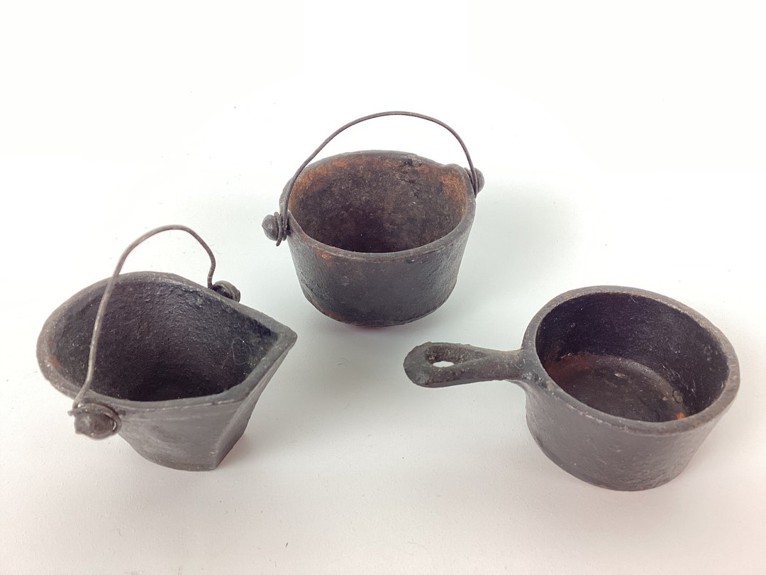 Lot of 3 Miniature Cast Iron Dollhouse Cookware Vintage Cauldron, Pot