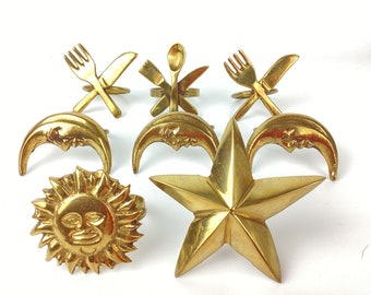 8 Mismatched Brass Napkin Rings, Vintage Tableware, Sun, Moon, Stars