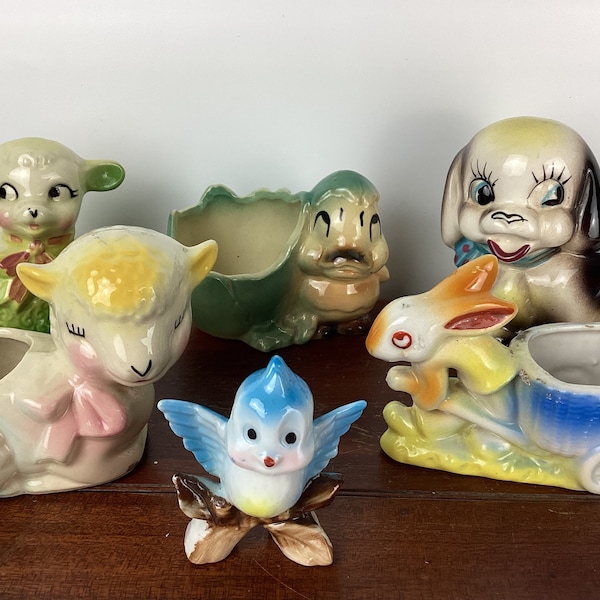 Your Choice- 1950s Small Ceramic Animal Planters, Rabbit, Bird, Duck, Dog, Lamb