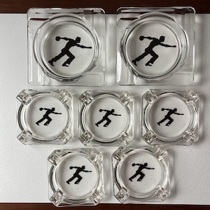 Set of 7 Glass Bowling Ashtrays, Black Silhouette Bowler