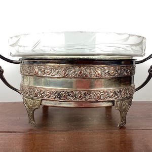 Vintage Silver Plate Serving Dish with Glass Insert, Silver Plate Footed Casserole Holder