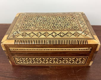Vintage Marquetry Trinket Box, Inlay Wood Mother of Pearl, Damaged