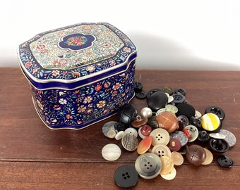 Vintage Blue Floral Tin Full of Buttons, English Tin, Vintage Sewing Buttons