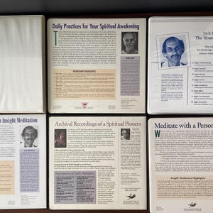 May include: Four cassette tapes with colorful covers and text about meditation and spiritual awakening. The covers feature images of people and text such as "Daily Practices for Your Spiritual Awakening", "Archival Recordings of a Spiritual Pioneer", "Meditate with a Personal Instructor", and "Your Daily Life with Insight Meditation".