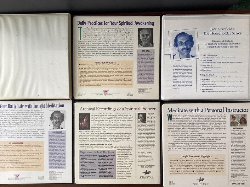 May include: Four cassette tapes with colorful covers and text about meditation and spiritual awakening. The covers feature images of people and text such as "Daily Practices for Your Spiritual Awakening", "Archival Recordings of a Spiritual Pioneer", "Meditate with a Personal Instructor", and "Your Daily Life with Insight Meditation".