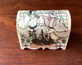 Miniature Wedding Ring Box, Hand Painted Carved Bone, Turkish