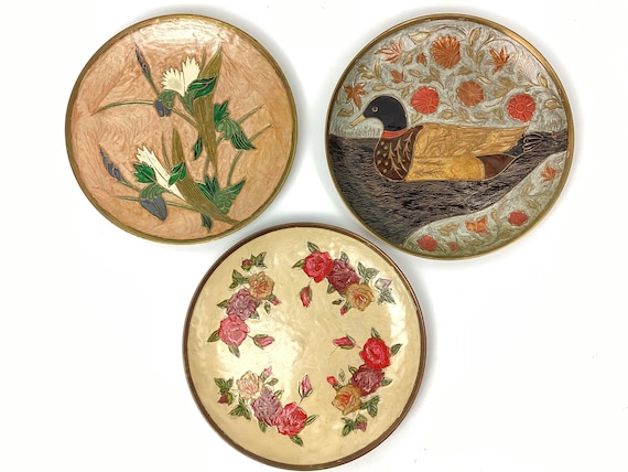 Your Choice of Vintage Brass Enamel Wall Plates, Brass Decor, Floral, Duck