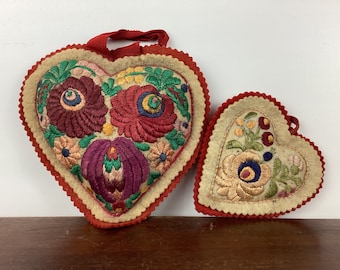 Pair of Vintage Embroidered Floral Heart Shaped Pincushions, Hungarian Kalocsa Style