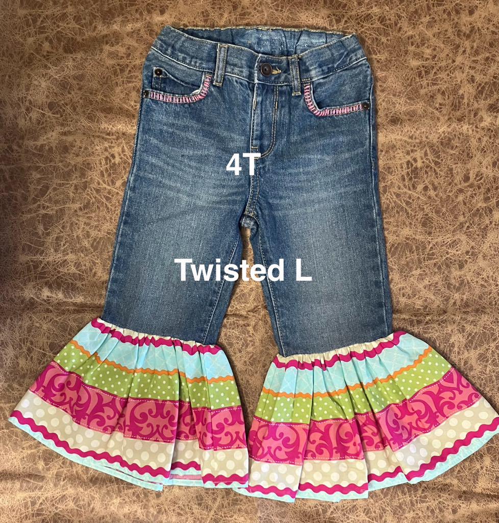 Little Girls 4T Bell Bottom Ruffle Denim Jeans With Embroidery