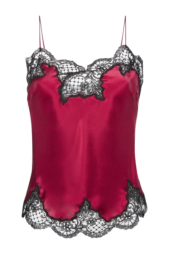 Deep Red Silk Camisole With Black Lace, Silk Satin Camisole
