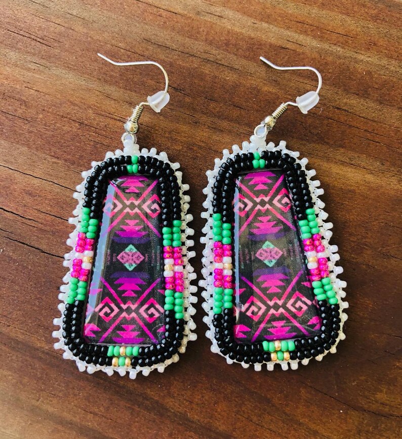 Native Beaded Dangle Earrings/ Native Patterns/ Epoxy Cab/ Etsy