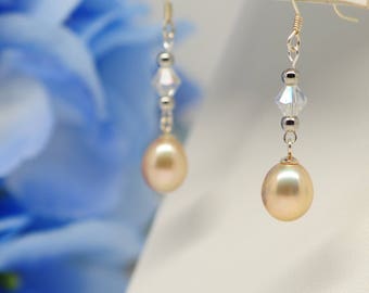 mirror surface light gold pearl earrings, swarovski crystal, sterling silver hooks, pins, and beads