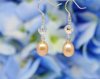 mirror surface gold pearl earrings with swarovski crystal dangling, sterling silver hooks and pins,