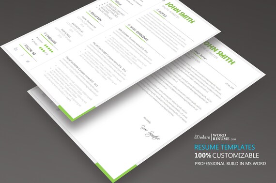 july 2018 resume template cover leter modern instant etsy