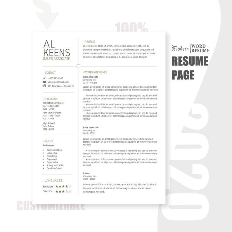 Sales Associate One simple page Resume template Cover letter | Etsy