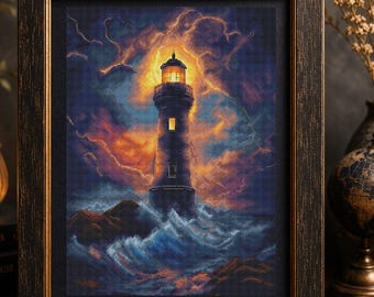 Stormy Lighthouse Cross Stitch Pattern PDF, Coastal Beacon Embroidery Design, Nautical Seascape Chart, Ocean Needlework