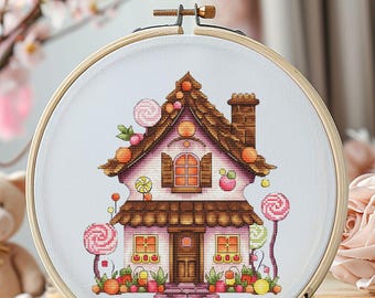 Candy House Cross Stitch Pattern, Fairy Tale Embroidery PDF, Sweet Gingerbread Cottage Design