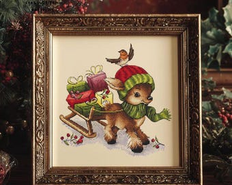 Patrón de punto de cruz de ciervo navideño, reno de invierno con regalos, bordado de animales navideños, gráfico DMC en PDF