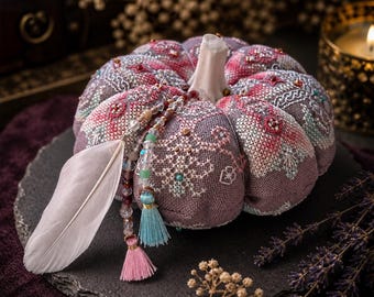 Magic Pumpkin Pincushion Cross Stitch Kit, Beaded Embroidered Pumpkin DIY Set, Zweigart Murano Needlework Gift