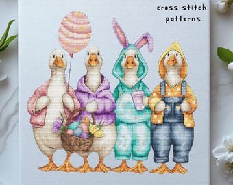 Patrón de punto de cruz de pato caprichoso en PDF: gráfico de bordado de gansos de Pascua, adorables animales de primavera, bordado de aves de granja