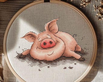 Cross stitch pattern: playful piglet enjoying a mud bath. Cute pig frolicking in mud embroidery design. Digital PDF. Whimsical Pig Bathing