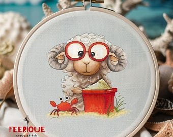 Sheep Cross Stitch Pattern “Sand Adventures” – Funny Summer Embroidery PDF – Cute Beach Animal Design DIY