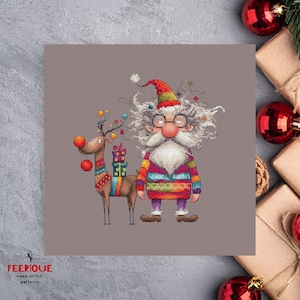 May include: A cross stitch pattern featuring a whimsical Santa Claus with a long white beard and glasses, wearing a colorful sweater and holding a gift. A reindeer with red antlers and a colorful saddle stands beside him.