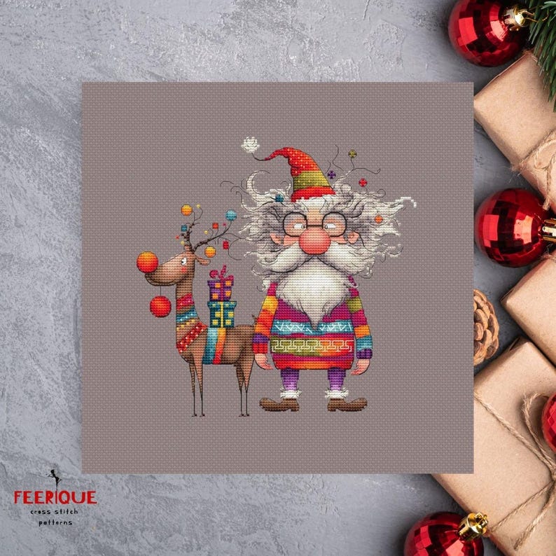 May include: A cross stitch pattern featuring a whimsical Santa Claus with a long white beard and glasses, wearing a colorful sweater and holding a gift. A reindeer with red antlers and a colorful saddle stands beside him.