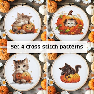 May include: Set of four cross stitch patterns featuring cute cats and pumpkins. The patterns are perfect for Halloween or autumn decorating.