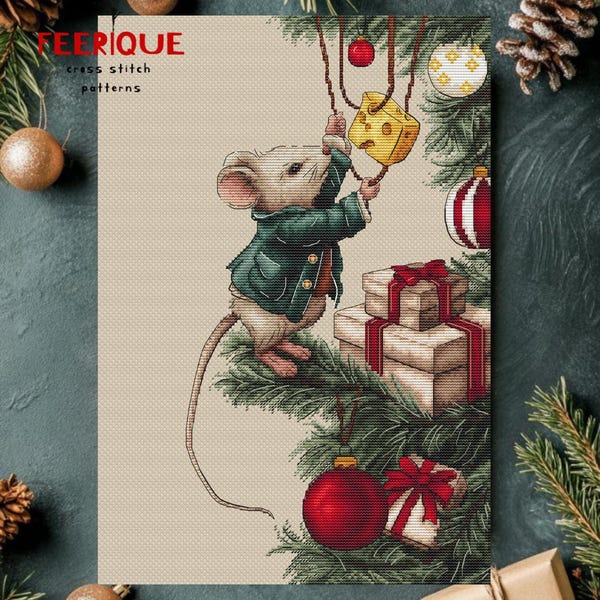 Cross stitch pattern “Merry Cheese-mas”. Christmas mouse and balloons chart. Feerique cross stitch. Holiday embroidery pattern. Xmas decor