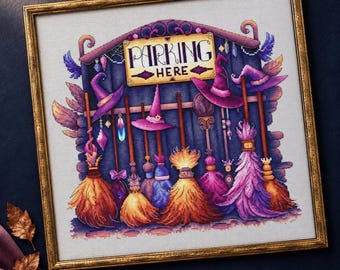 Halloween Witch Broom Cross Stitch Pattern PDF, Witch Parking Sign Design, Spooky Decor Chart with Beads, Gothic Embroidery