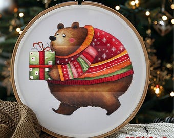Cute Holiday Bear with Presents - Christmas Cross Stitch Pattern. Modern Design embroidery. Perfect for the Festive Season. Digital PDF Saga