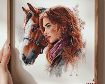 Graceful Romance: Patrón de punto de cruz de una niña y su caballo. PDF digital, Saga. Esquema de bordado moderno. Dueto de belleza encantadora