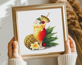 Schema punto croce Cocktail Pinacolada, PDF digitale, schema punto x di una bevanda estiva, schema di ricamo, Saga digitale, bevanda all'ananas