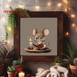 May include: A brown mouse wearing glasses sits on a wooden stump and reads a book by candlelight. The mouse is surrounded by a warm, cozy atmosphere.