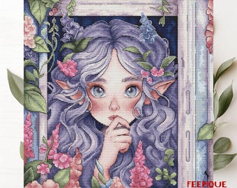 Schema punto croce ragazza elfo: disegno da ricamo fata fantasy (download PDF)
