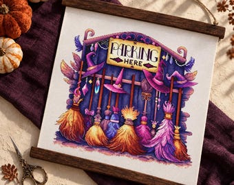 Parking Here Cross Stitch Kit, Halloween Witch Broom Embroidery Set, Zweigart Murano Needlework Set, Beaded DIY Craft Kit