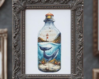 Patrón de punto de cruz de ballena en el océano en formato PDF, escena de faro y botella, diseño de bordado costero, regalo para amantes del mar.