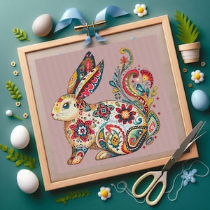 May include: A cross-stitch picture of a rabbit with vibrant floral designs. The rabbit is cream-coloured with red, blue, yellow, and green details. The artwork is in a light brown wooden frame, with Easter eggs and decorative elements surrounding it.
