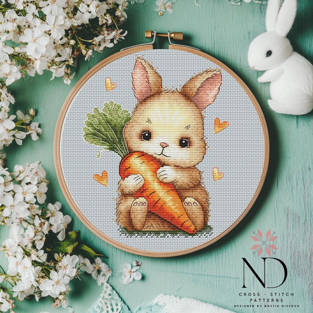 Cute Bunny Cross Stitch Pattern PDF – Baby Rabbit With Carrot, Spring ...