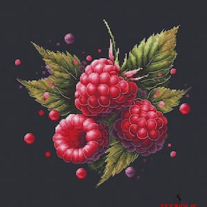 Puede incluir: Patrón de punto de cruz con tres frambuesas rojas con hojas verdes y puntos morados sobre un fondo gris oscuro. El patrón se titula "FEERIQUE cross stitch patterns".